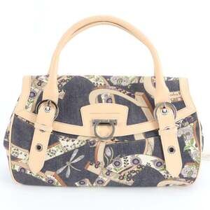 Salvatore Ferragamo Gancini Denim Flower Pattern Leather Handbag Tote Bag for...